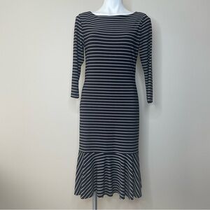 Lauren Ralph Lauren Black and White Striped Long Sleeve Dress with Flounced Hem
